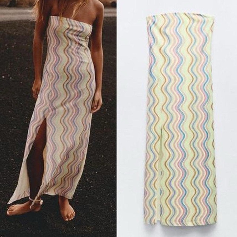 Zara strapless printed tulle maxi dress with side slit size S